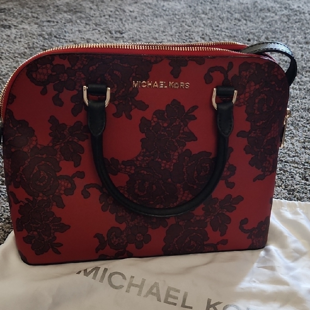 Michael Kors Black and Red Floral Satchel